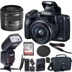 Canon® Canon EOS M50 Mirrorless Digital Camera With 15-45mm Lens (Black) With Professional Flash Bundle - US Version W/ Seller Warranty