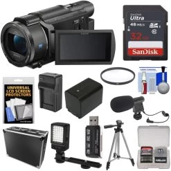 Sony FDR-AX53 4K Ultra HD Handycam Camcorder With 64GB Card | Battery & Charger | Hard Case | Tripod | LED Light | Microphone - US Version W/ Seller Warranty