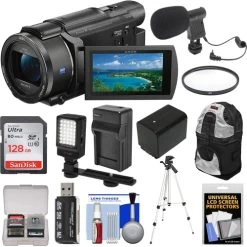 Sony FDR-AX53 4K Ultra HD Handycam Camcorder With 128GB Card | Battery & Charger | Backpack | Tripod | Video Light Microphone - US Version W/ Seller Warranty
