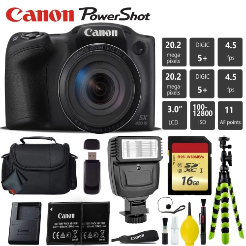 Canon® Canon PowerShot SX420 Is Digital Point And Shoot 20MP Camera + Extra Battery + Digital Flash + Camera Case + 16GB Class 3 Canon® Canon PowerShot SX420 Is Digital Point And Shoot 20MP Camera + Extra Battery + Digital Flash + Camera Case + 16GB Class