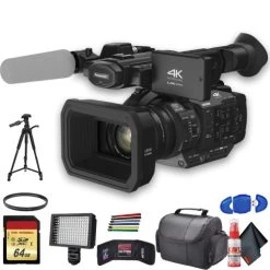 Panasonic AG-UX180 4K Professional Camcorder (AG-UX180PJ8) With UV Filter, Tripod, Padded Case, LED Light, 64GB Memory C