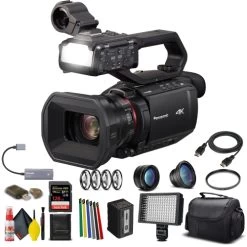 Panasonic AG-CX10 4K Camcorder + Padded Case, Sandisk Extreme Pro 128 GB Memory Card, Lens Attachments, Wire Straps, LED Light, And More