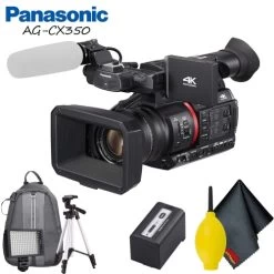 Panasonic AG-CX350 4K Camcorder Accessory Bundle With Cleaning Kit, Backpack, Tripod, And LED Light