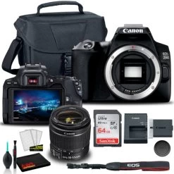 Canon® Canon EOS 250D / Rebel SL3 DSLR Camera With 18-55mm Lens (Black) (3453C002) + EOS Bag + Sandisk Ultra 64GB Card + Cleaning Set And More (International Model)