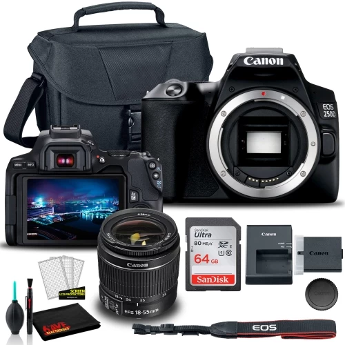 Canon® Canon EOS 250D / Rebel SL3 DSLR Camera With 18-55mm Lens (Black) (3453C002) + EOS Bag + Sandisk Ultra 64GB Card + Cleaning Set And More (International Model) 3 Canon® Canon EOS 250D / Rebel SL3 DSLR Camera With 18-55mm Lens (Black) (3453C002) + EOS Bag + Sandisk Ultra 64GB Card + Cleaning Set And More (International Model)