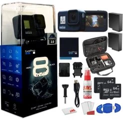 GoPro HERO8 Black Digital Action Camera - Waterproof - With Cleaning Set + Case + 2 X 64GB Memory Card And 2 X Extra Batteries