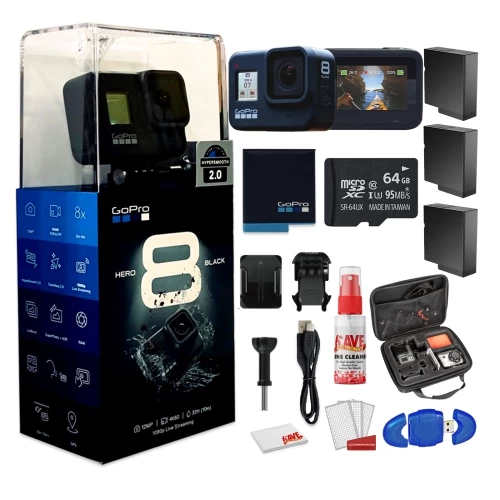 GoPro HERO8 Black Digital Action Camera - Waterproof - With Cleaning Set + Case + 64GB Memory Card And 3 X Extra Batteries 3 GoPro HERO8 Black Digital Action Camera - Waterproof - With Cleaning Set + Case + 64GB Memory Card And 3 X Extra Batteries