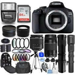 Canon® Canon EOS 2000D/Rebel T7 + 18-55mm + 75-300mm + 500mm + 420-800mm Lenses - Bundle Includes: Extra Battery, Sandisk Ultra 64GB SD, Flash, Tripod, Telephoto And Wide Angle Lenses And Much More