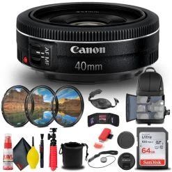 CanonĀ® Canon EF 40mm F/2.8 STM Lens (6310B002) + Filter + BackPack + 64GB Card + More