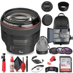 CanonĀ® Canon EF 85mm F/1.2L II USM Lens (1056B002) + Filter + BackPack + 64GB + More