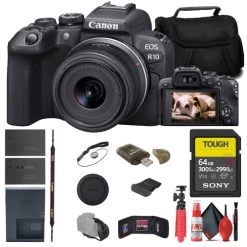 Canon® Canon EOS R10 Mirrorless Camera W/ 18-45mm Lens + 64GB TOUGH Card + Bag + More