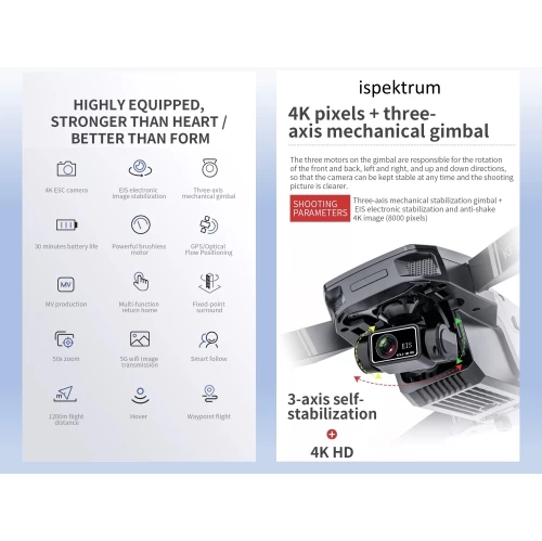 ISPEKTRUM ISKF101 Drone 4K Camera 3-Axis Gimbal Smart Hover 30-Min Flight RC Quadcopter With Advanced Auto Return, 1.2KM Video Transmission, Gravity Sensor 8 ISPEKTRUM ISKF101 Drone 4K Camera 3-Axis Gimbal Smart Hover 30-Min Flight RC Quadcopter With Advanced Auto Return, 1.2KM Video Transmission, Gravity Sensor - Image 6