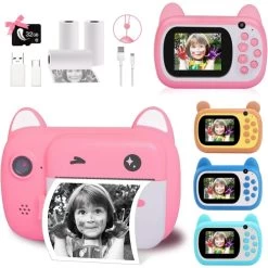 Instant Print Camera For Kids, Dual Lens And Zero Ink Video Camera With 3 Rolls Print Paper Camera. (Pink)