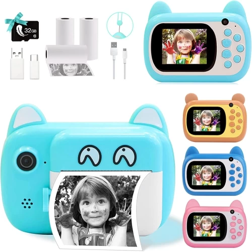 Instant Print Camera For Kids, Dual Lens And Zero Ink Video Camera With 3 Rolls Print Paper Camera. (Green) 3 Instant Print Camera For Kids, Dual Lens And Zero Ink Video Camera With 3 Rolls Print Paper Camera. (Green)