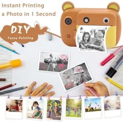 Instant Print Camera For Kids, Dual Lens And Zero Ink Video Camera With 3 Rolls Print Paper Camera. (Brown) -Outdoor Camera Shop 16592449 2