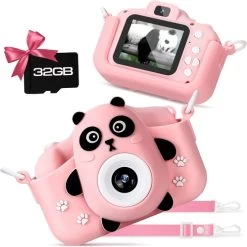 Panda Camera For Kids, Upgraded Dual-Camera, 8X Digital Zoom With A 1000mAH Large Battery & Support USB Charging, 2.0 Inch Screen, Selfie Dual Lens Camera With 32GB SD Card. (Pink)