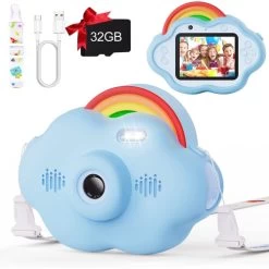 Digital Camera For Kids With Rainbow Design, 2.4-inch IPS Screen, Dual Camera, 8x Zoom, Mp3, Video Recording, And Built-in 1000mAh Battery. (Blue)