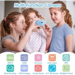 Digital Camera For Kids With Rainbow Design, 2.4-inch IPS Screen, Dual Camera, 8x Zoom, Mp3, Video Recording, And Built-in 1000mAh Battery. (Blue) -Outdoor Camera Shop 16625189 2