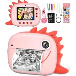 Instant Print Camera For Kids, 2.0 Inch Screen,1000mAh Battery, 4 Puzzle Games, And Zero Ink Print Camera With 3 Rolls Print Paper Camera. (Pink-Red)