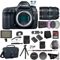CanonĀ® Canon EOS 5D Mark IV Digital SLR Camera With 24-105mm F/4L II Lens - Bundle With Spare Battery + Tripod + LED Light + 32