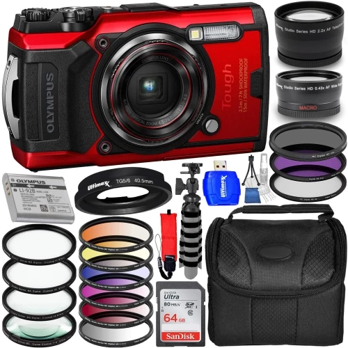 Olympus Tough TG-6 Digital Camera (Red) V104210RU000 + 64GB + Filter Kit Bundle 3 Olympus Tough TG-6 Digital Camera (Red) V104210RU000 + 64GB + Filter Kit Bundle