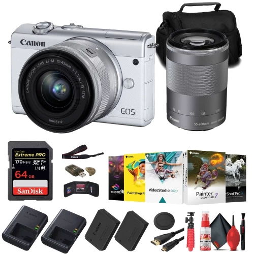 Canon® Canon EOS M200 Mirrorless Camera With 15-45mm And 55-200mm Lenses (White) + 64GB Card + More 3 Canon® Canon EOS M200 Mirrorless Camera With 15-45mm And 55-200mm Lenses (White) + 64GB Card + More