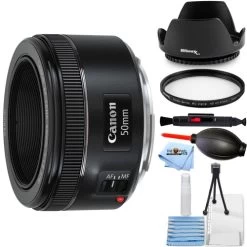 Canon EF 50mm F/1.8 STM Lens 0570C002 + UV Filter + Tulip Hood Lens Bundle