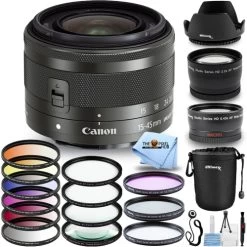 CanonĀ® Canon EF-M 15-45mm IS STM Lens (Graphite) + Filter Kit Bundle - White Box