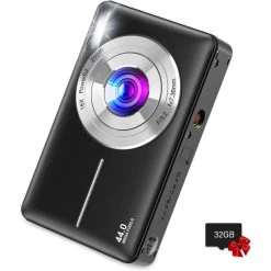 Kids Digital Camera With 32GB Card, FHD 1080P 44MP Compact Vlogging Camera, Point And Shoot Camera With 16X Digital Zoom, Portable Mini Camera For Teens And Students (Black)