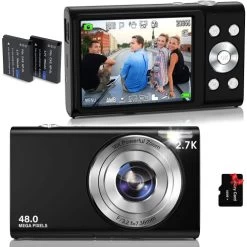 Portable Mini Compact Digital Camera Auto Focus HD 2.7K Vlogging Camera With 48MP, 16X Digital Zoom, 32GB Memory Card, 2 Batteries