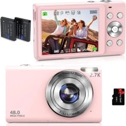 Auto Focus Digital Camera - A 2.7K Vlogging Camera With HD 48MP Resolution, 16X Digital Zoom, And It Includes A 32GB Memory Card, 2 Batteries, And A Charger. Color: Pink.