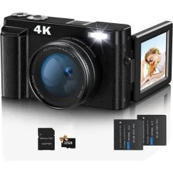 4K 48MP Autofocus Vlogging Camera - This Camera Includes A 32GB Memory Card, 16X Digital Zoom, And Comes With 2 Batteries. It's A Powerful Tool For Photography Color: Black.
